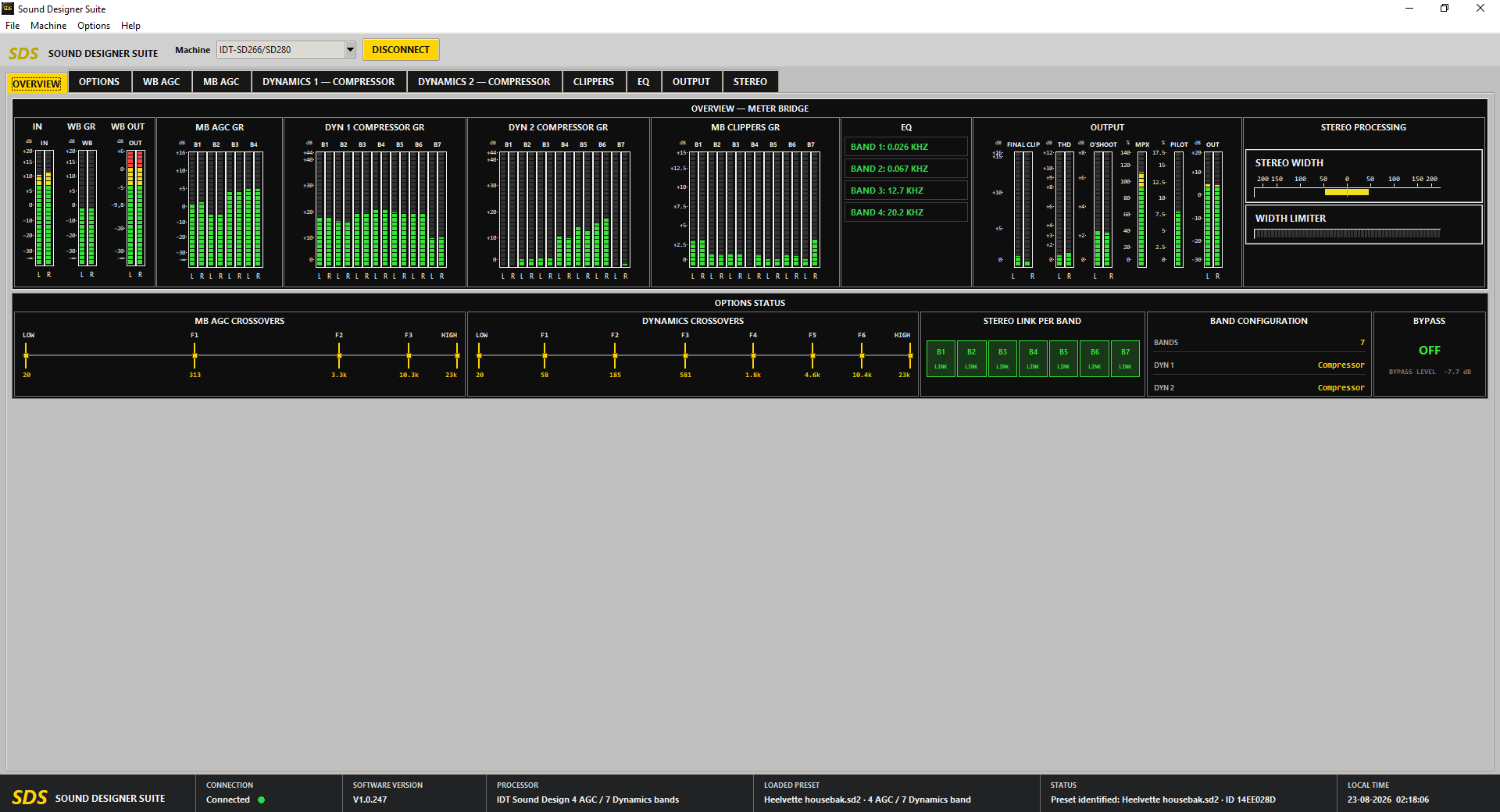 SDS Sound Designer Suite interface showing live audio meters and processor controls